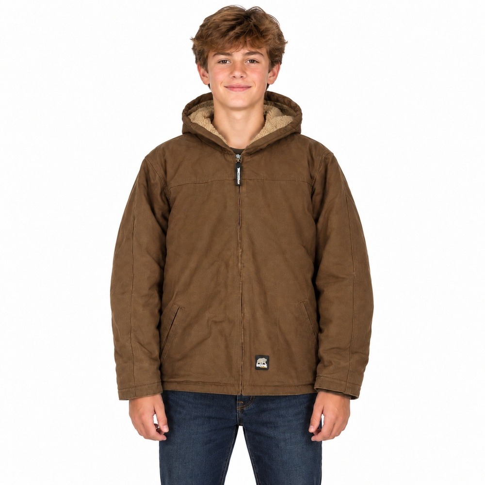Berne Hooded Jacket Kids XL Brown Sherpa Lined Cotton Duck Canvas BHJ42BB